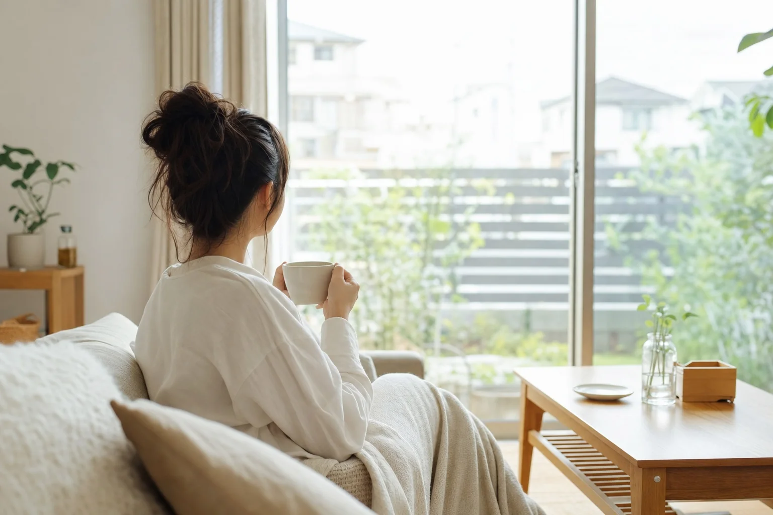 友人と過ごした後に一人でゆっくりお茶を飲みながら、渡す量を見直している日本の20代女性のイメージ写真