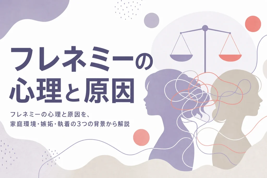 フレネミーの心理と、家庭環境・嫉妬・執着という原因、行動の目的4分類を解説する記事のアイキャッチ